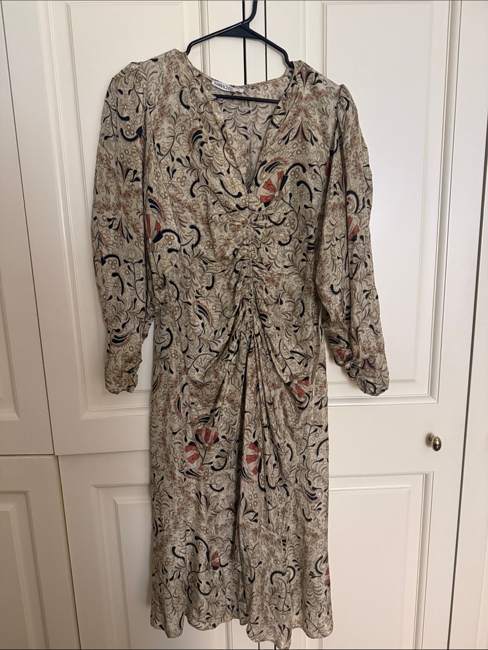 Beige Floral Ruched Long-Sleeve Midi Dress